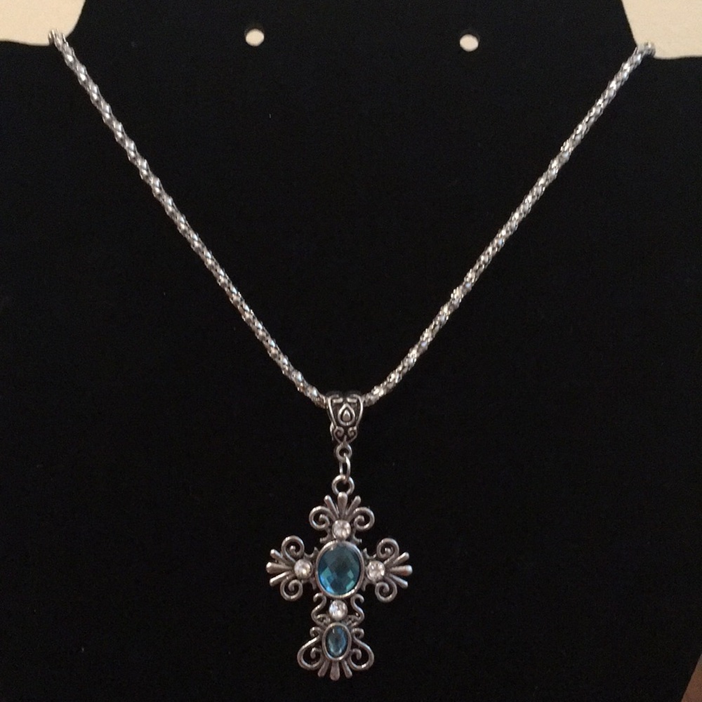 Rhinestone Cross Necklace - Turquoise
